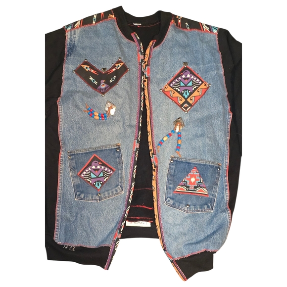 Men's Denim and Black Jacket with Colorful Patterns - Picture 2 of 7